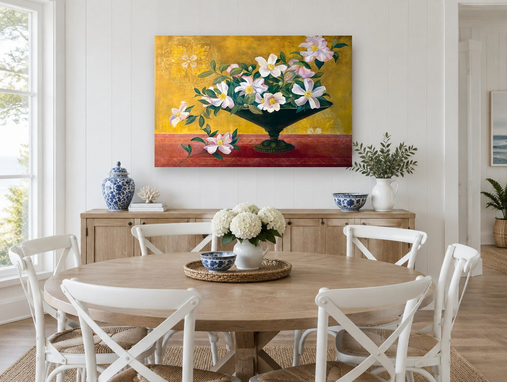 Gilded Camellia Bowl floral canvas print on the wall of a Hamptons dining room