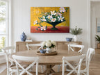 Gilded Camellia Bowl floral canvas print on the wall of a Hamptons dining room