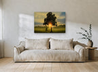 Sunrise Through the Tree landscape canvas print on the wall of a living room