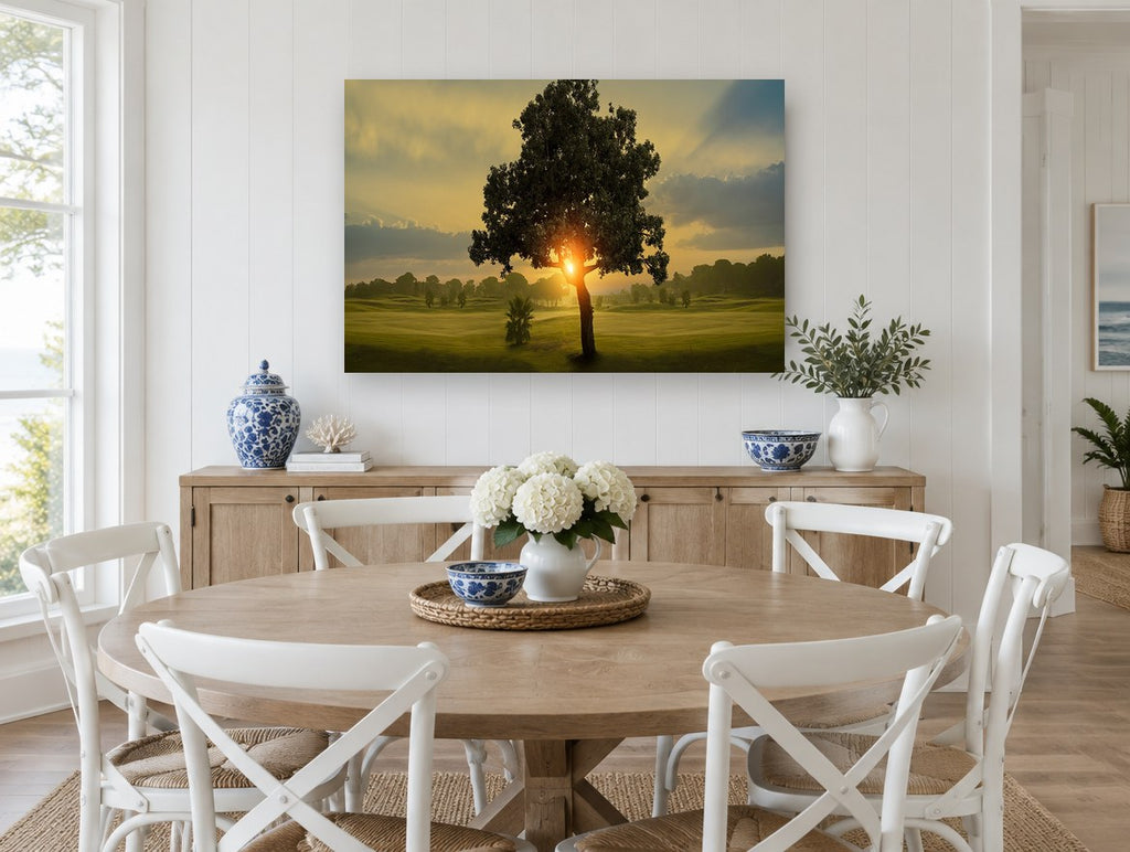 Sunrise Through the Tree landscape canvas print on the wall of a Hamptons dining room