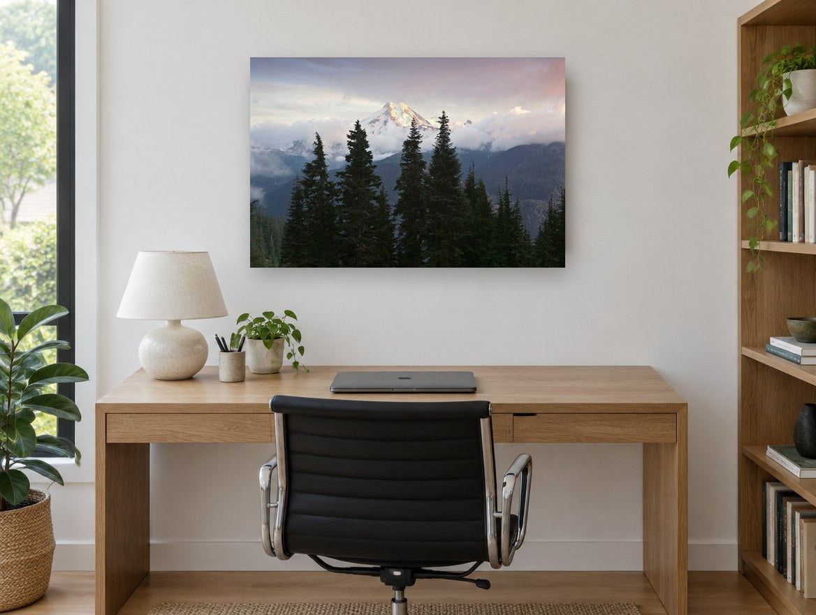 Alpine Glow Firs landscape canvas print on the wall of a study