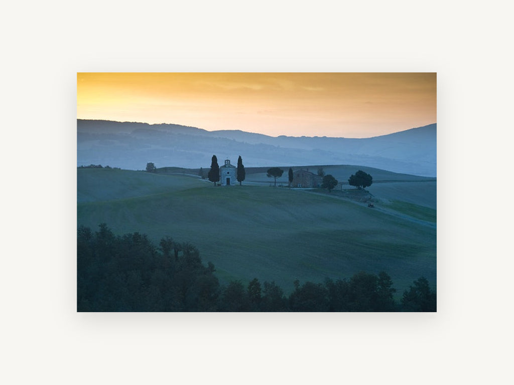 Dusk Over Chapel Hills, rolling hills chapel sunset photograph, landscape canvas wall art print, front view