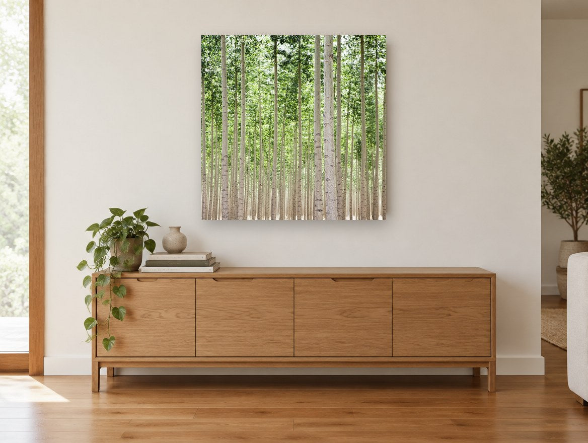 Poplar Grove Rows landscape canvas print on the wall of a living room above a sideboard