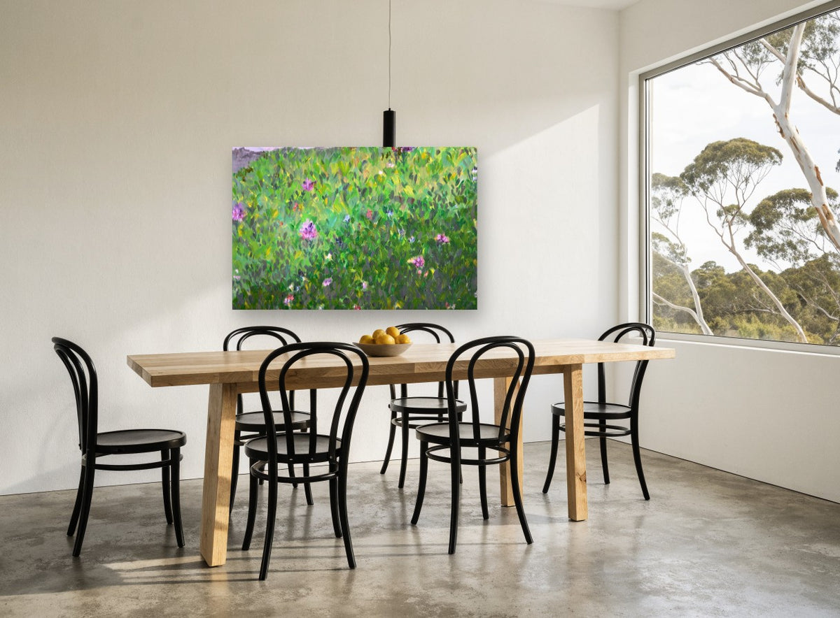 Wildflower Meadow Hillside floral canvas print on the wall of a dining room
