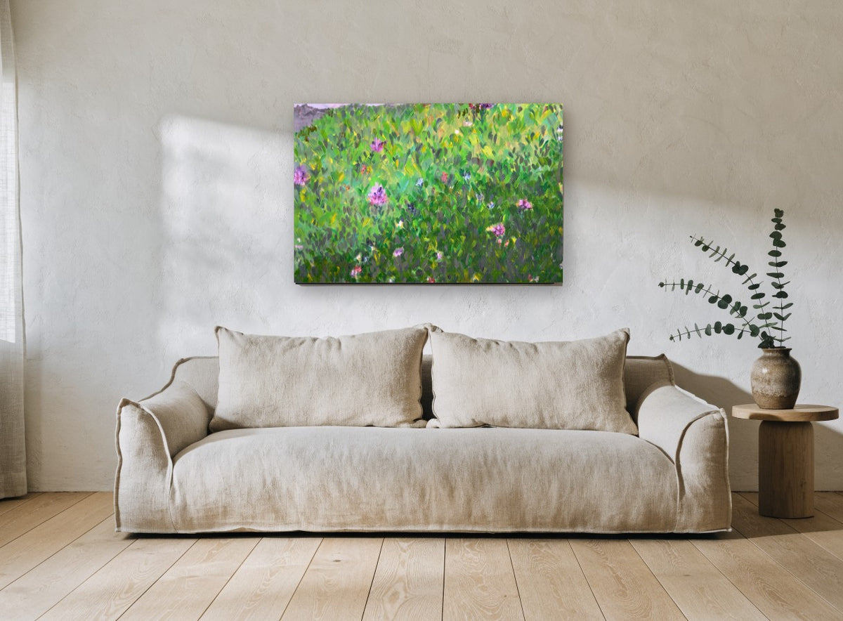 Wildflower Meadow Hillside floral canvas print on the wall of a living room