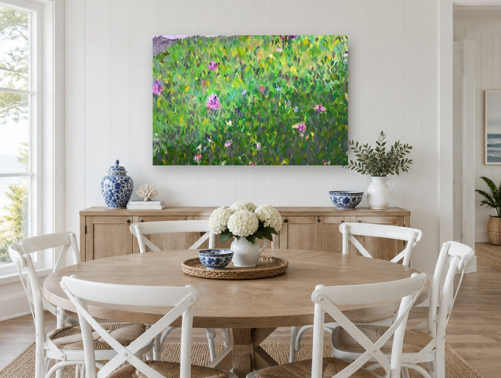 Wildflower Meadow Hillside floral canvas print on the wall of a Hamptons dining room