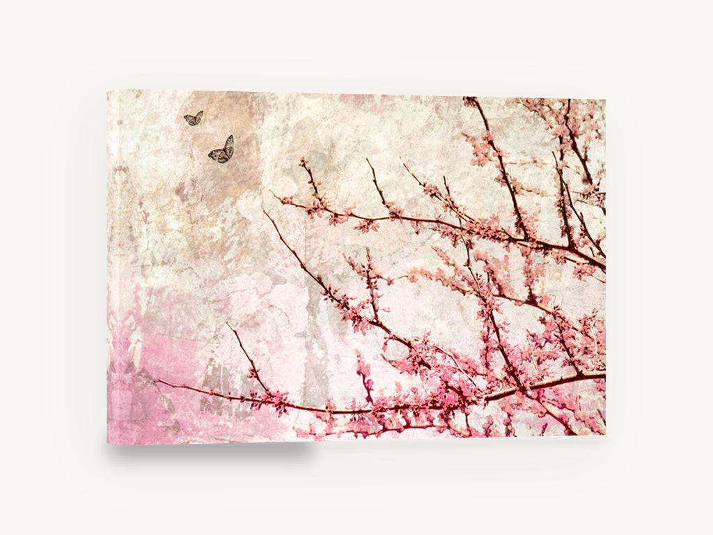 Blush Redbud Butterflies, pink blossom branches butterflies textured, floral canvas wall art print ready to hang