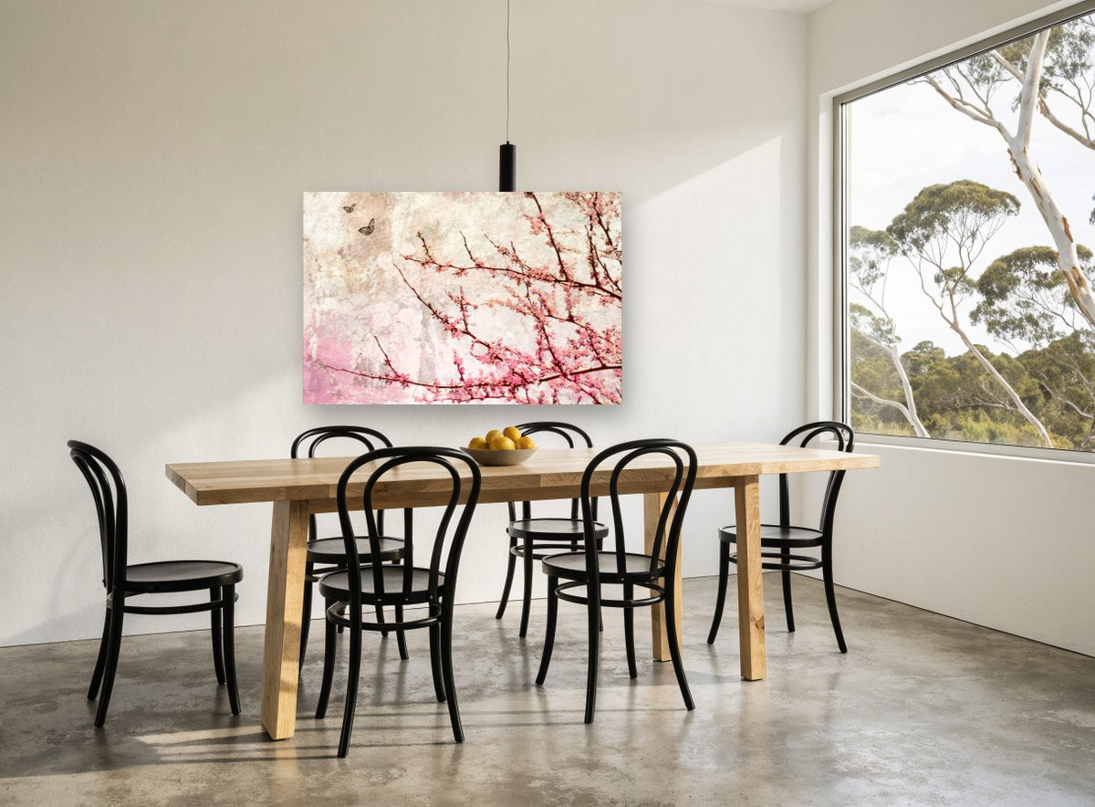 Blush Redbud Butterflies floral canvas print on the wall of a dining room