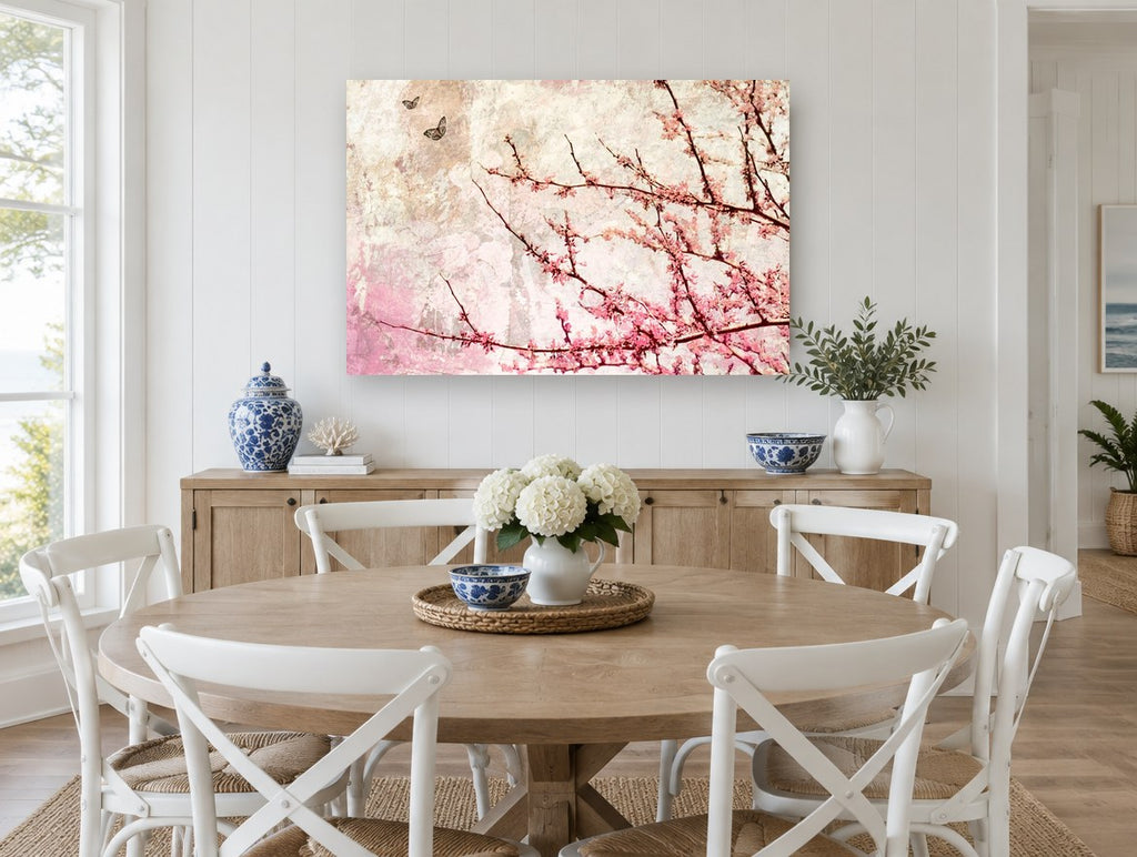 Blush Redbud Butterflies floral canvas print on the wall of a Hamptons dining room