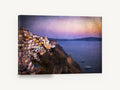 Dusk Over the Caldera, clifftop village dusk coastal photograph, landscape canvas wall art print ready to hang