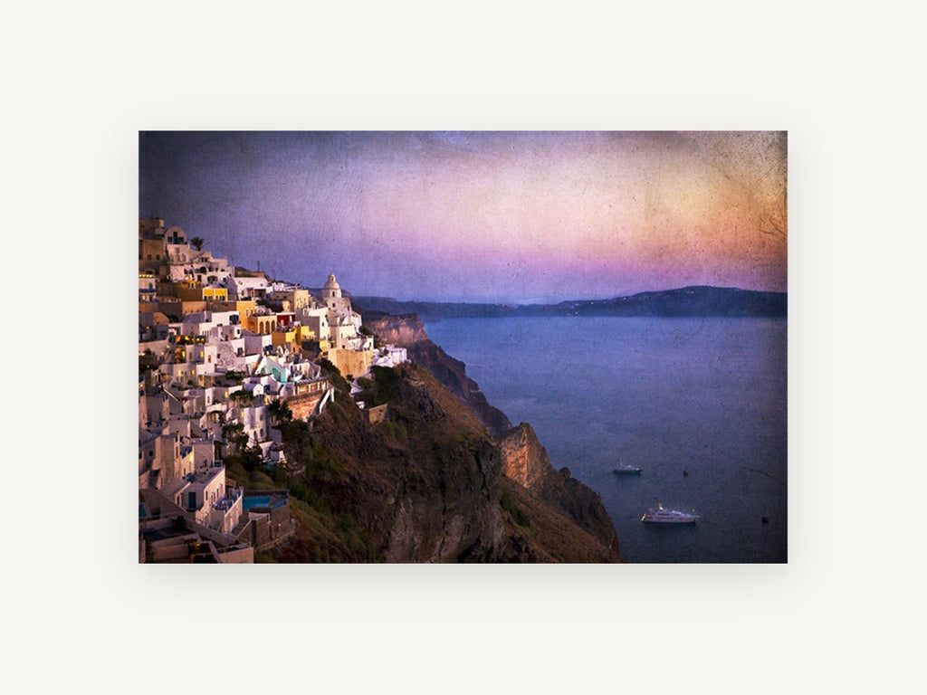 Dusk Over the Caldera, clifftop village dusk coastal photograph, landscape canvas wall art print, front view