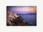 Dusk Over the Caldera, clifftop village dusk coastal photograph, landscape canvas wall art print, front view