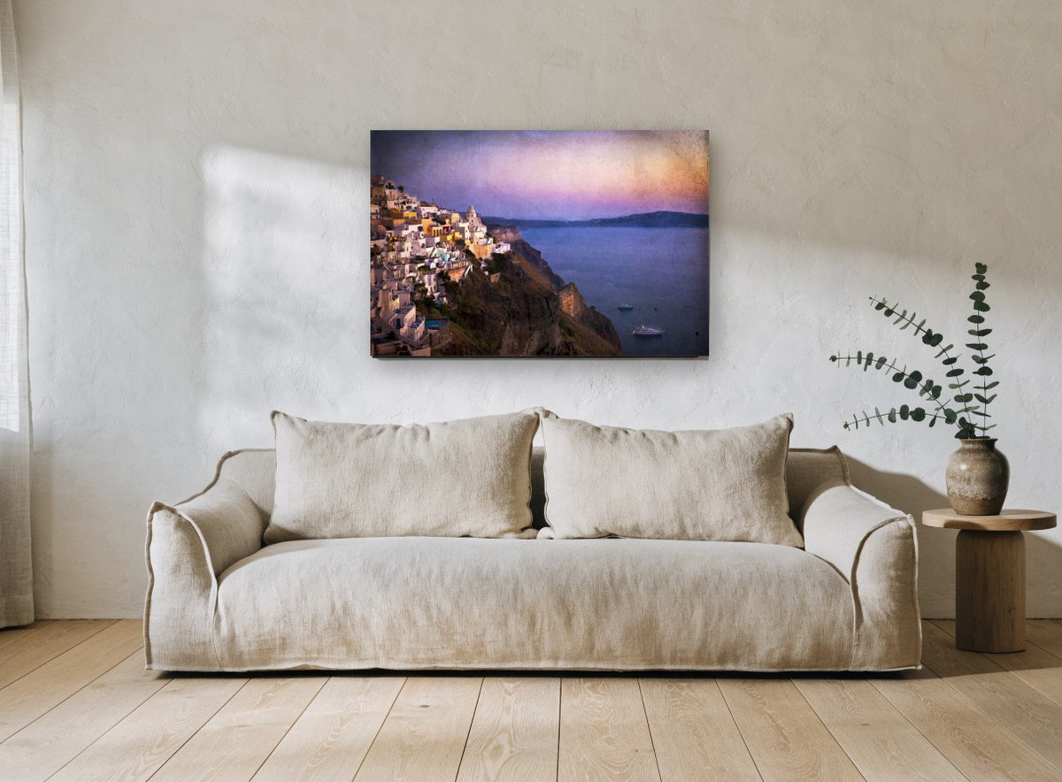Dusk Over the Caldera landscape canvas print on the wall of a living room