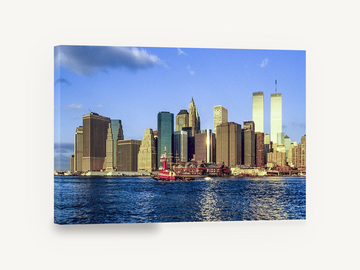 Lower Manhattan Gold Hour, lower manhattan skyline twin towers photograph, city canvas wall art print ready to hang