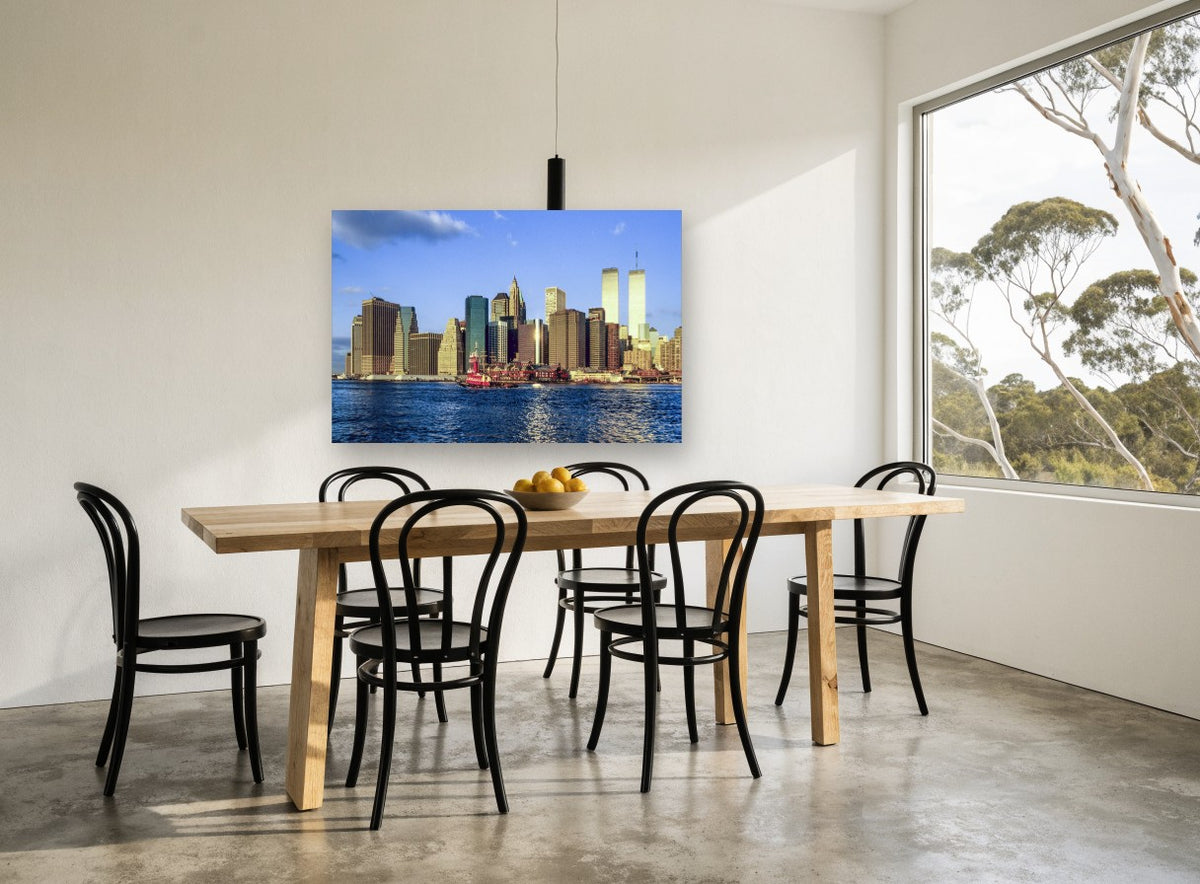 Lower Manhattan Gold Hour city canvas print on the wall of a dining room
