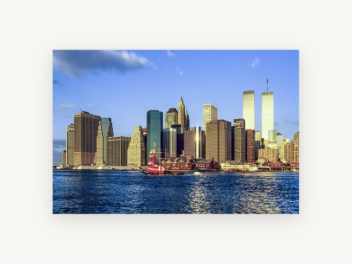 Lower Manhattan Gold Hour, lower manhattan skyline twin towers photograph, city canvas wall art print, front view
