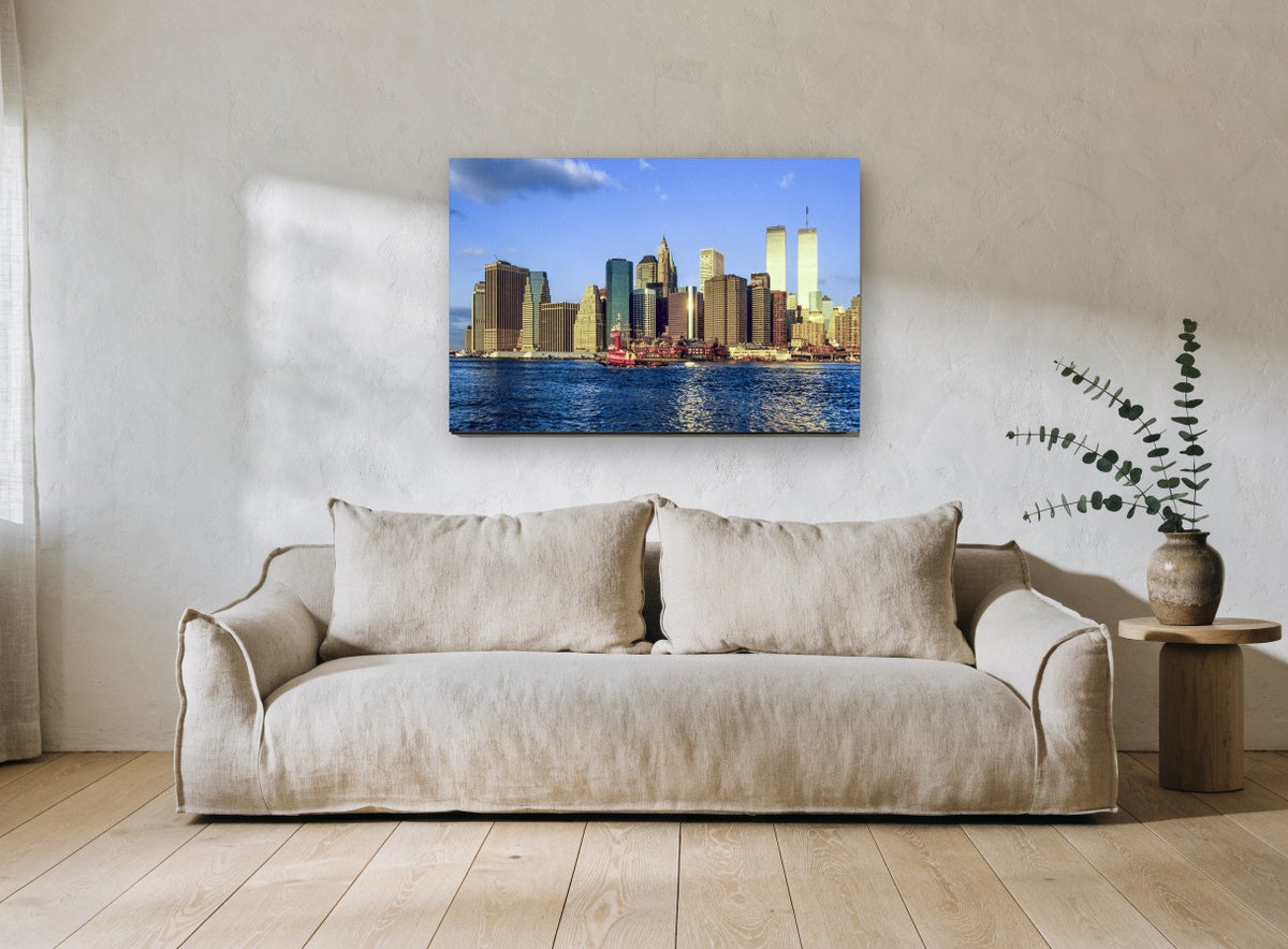 Lower Manhattan Gold Hour city canvas print on the wall of a living room