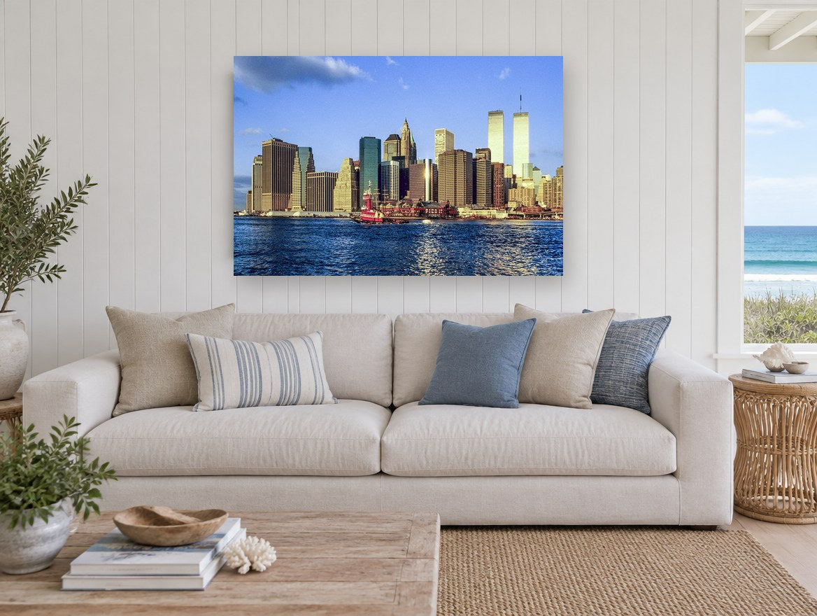 Lower Manhattan Gold Hour city canvas print on the wall of a beach house living room