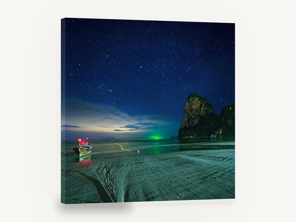Starlit Longtail Bay, longtail boat starry night beach photograph, coastal canvas wall art print ready to hang