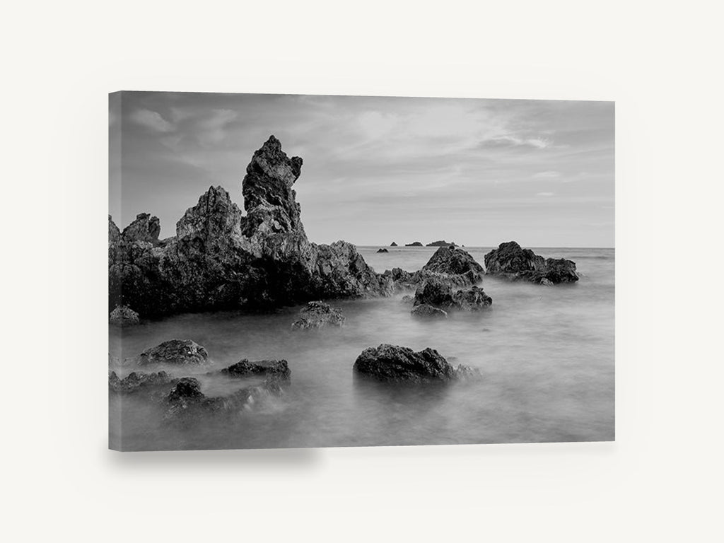 Misted Rock Shore, black and white rocky seascape photograph, coastal canvas wall art print ready to hang
