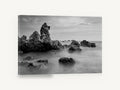 Misted Rock Shore, black and white rocky seascape photograph, coastal canvas wall art print ready to hang