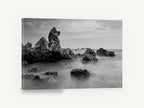 Misted Rock Shore, black and white rocky seascape photograph, coastal canvas wall art print ready to hang