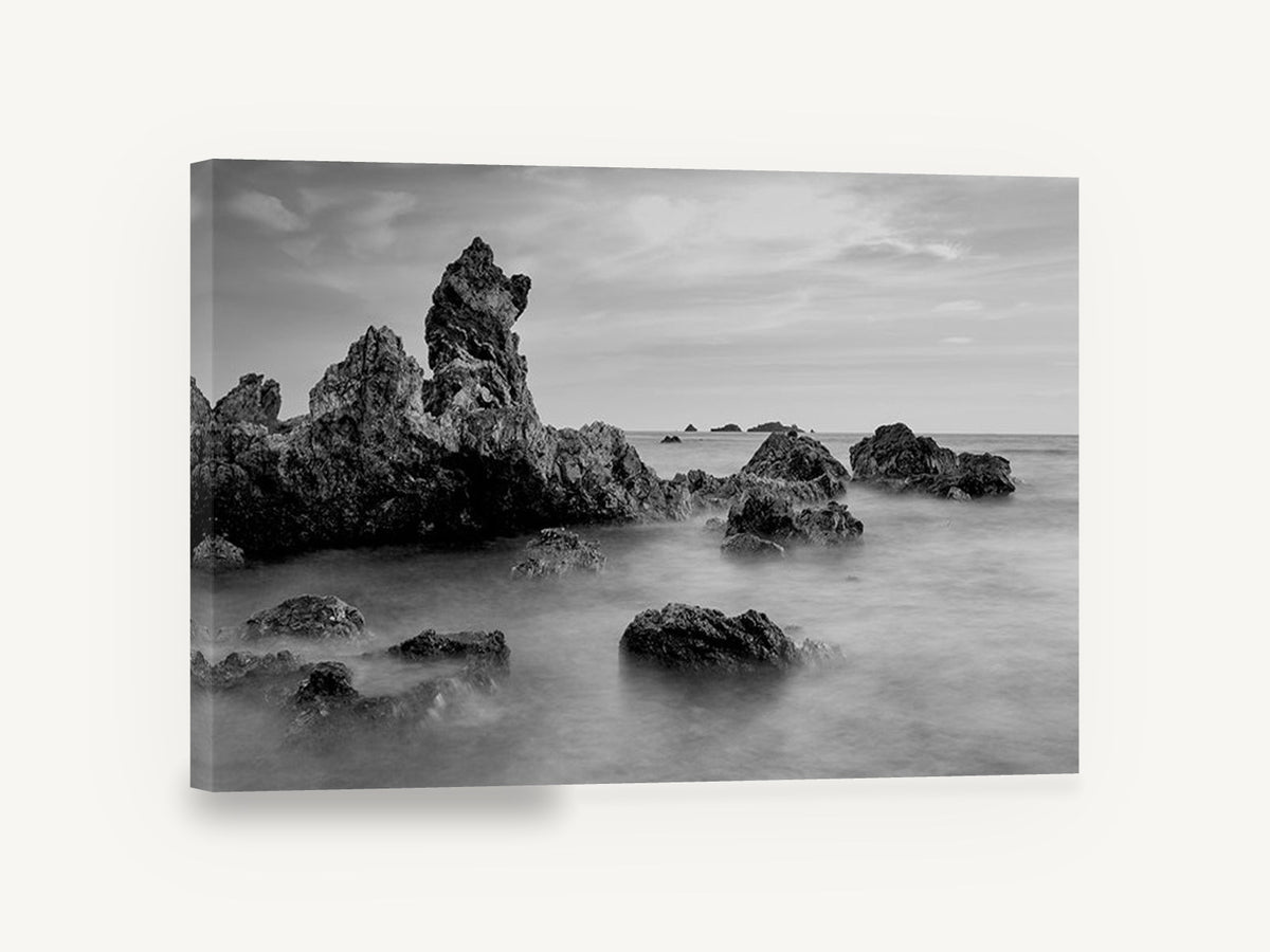 Misted Rock Shore, black and white rocky seascape photograph, coastal canvas wall art print ready to hang