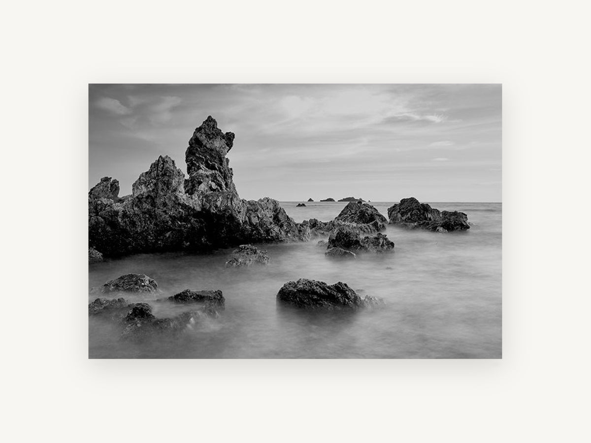 Misted Rock Shore, coastal canvas wall art print, front view
