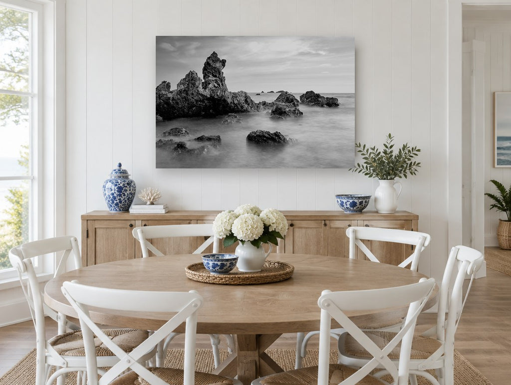 Misted Rock Shore coastal canvas print on the wall of a Hamptons dining room