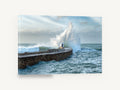 Monkey Hut Storm Surge, wave crashing over stone pier photograph, coastal canvas wall art print ready to hang