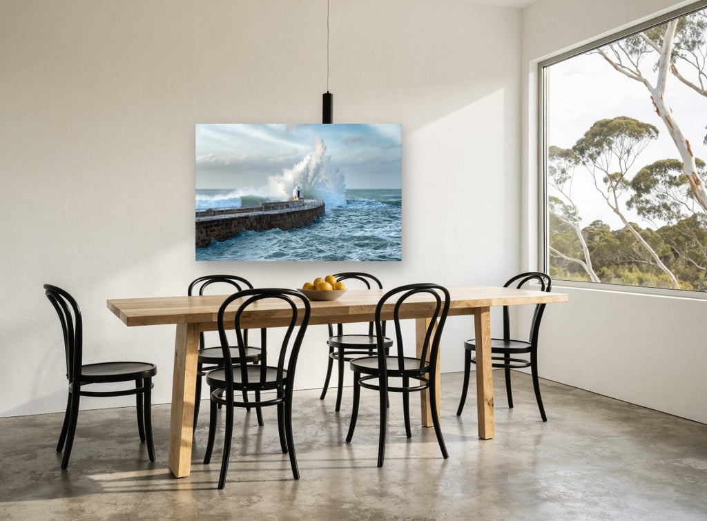 Monkey Hut Storm Surge coastal canvas print on the wall of a dining room
