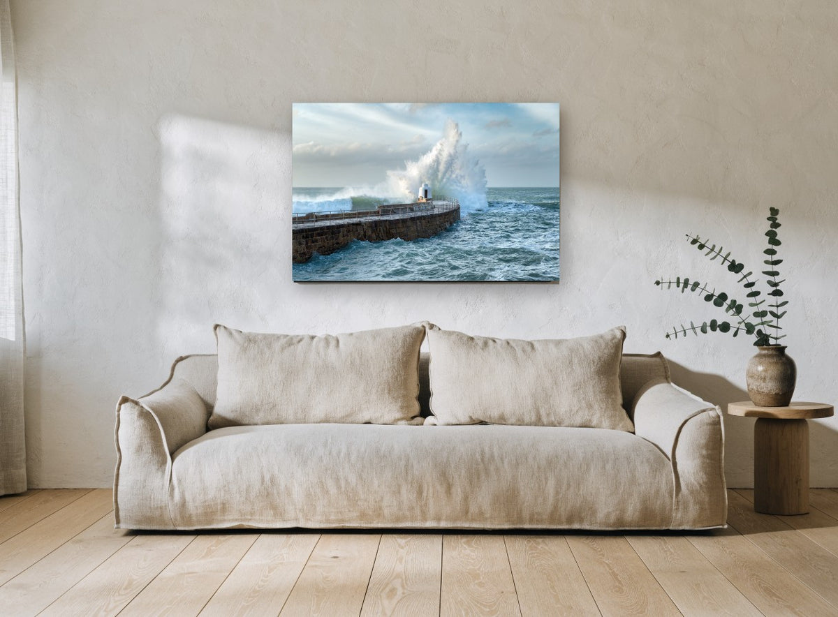 Monkey Hut Storm Surge coastal canvas print on the wall of a living room