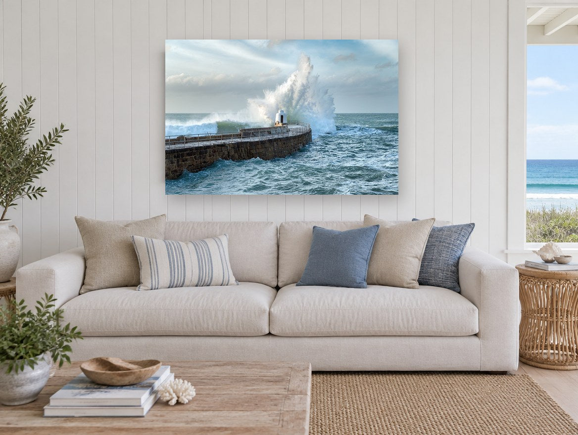 Monkey Hut Storm Surge coastal canvas print on the wall of a beach house living room
