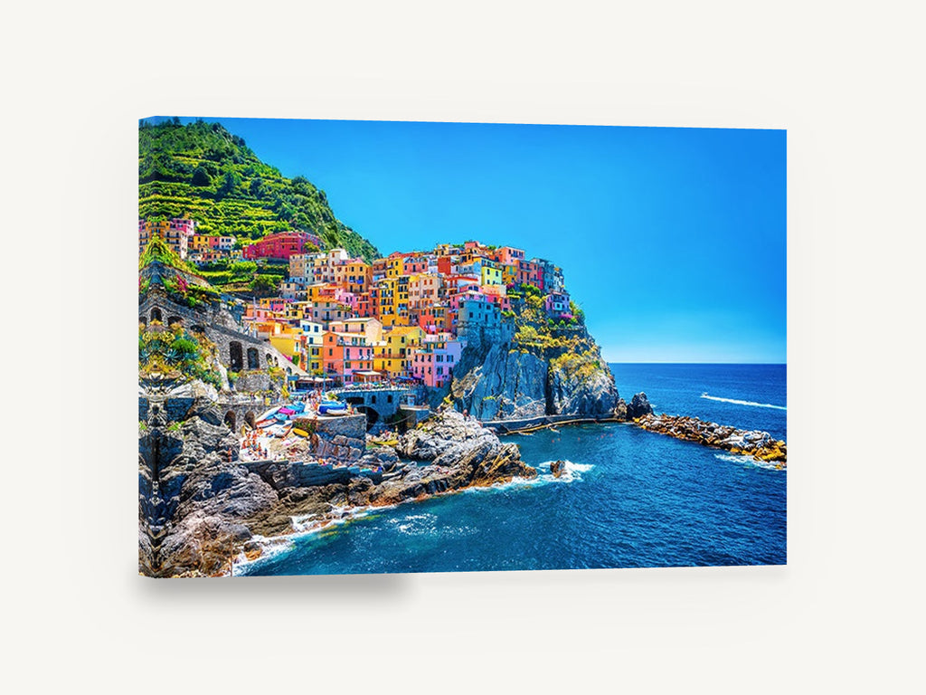 Cinque Terre Cliffside Village, colourful cinque terre coastal village photograph, coastal canvas wall art print ready to hang