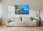 Cinque Terre Cliffside Village coastal canvas print on the wall of a living room