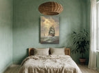 Tall Ship Golden Sky coastal canvas print on the wall of a bedroom