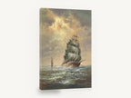 Tall Ship Golden Sky, tall ship sailing seascape painting, coastal canvas wall art print ready to hang