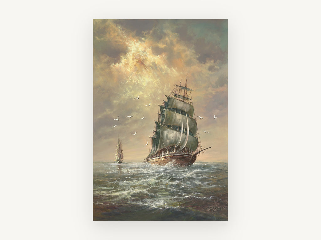 Tall Ship Golden Sky, coastal canvas wall art print, front view