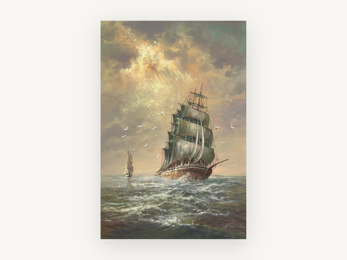 Tall Ship Golden Sky, coastal canvas wall art print, front view