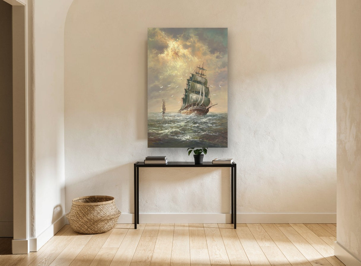 Tall Ship Golden Sky coastal canvas print on the wall of a hallway