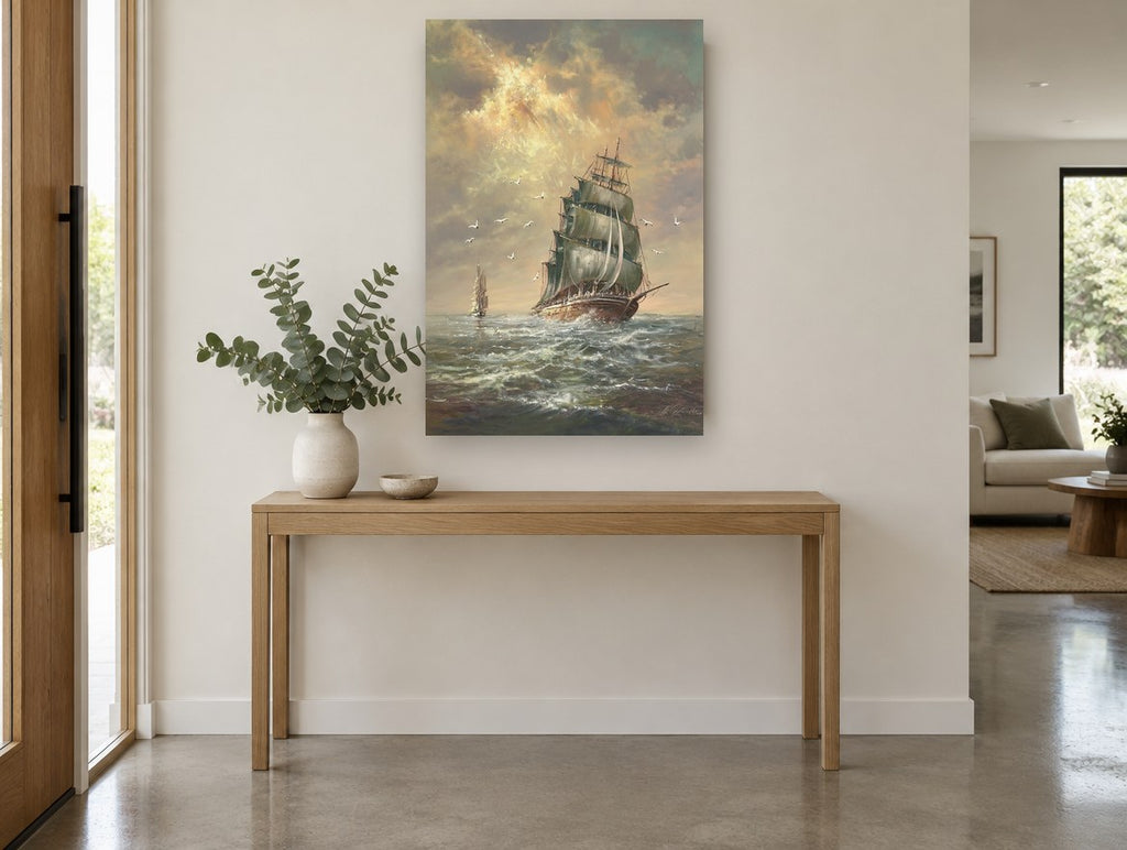 Tall Ship Golden Sky coastal canvas print on the wall of a entry hall