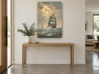 Tall Ship Golden Sky coastal canvas print on the wall of a entry hall