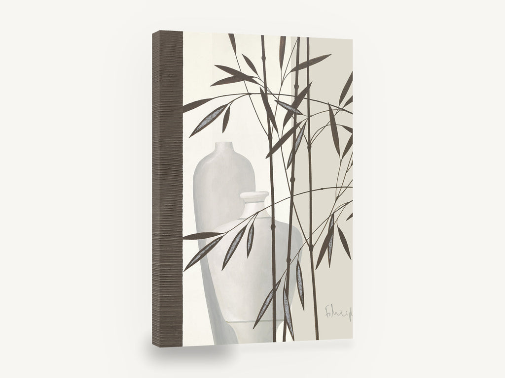 Bamboo and Pale Vases, bamboo stems and white vases painting, floral canvas wall art print ready to hang
