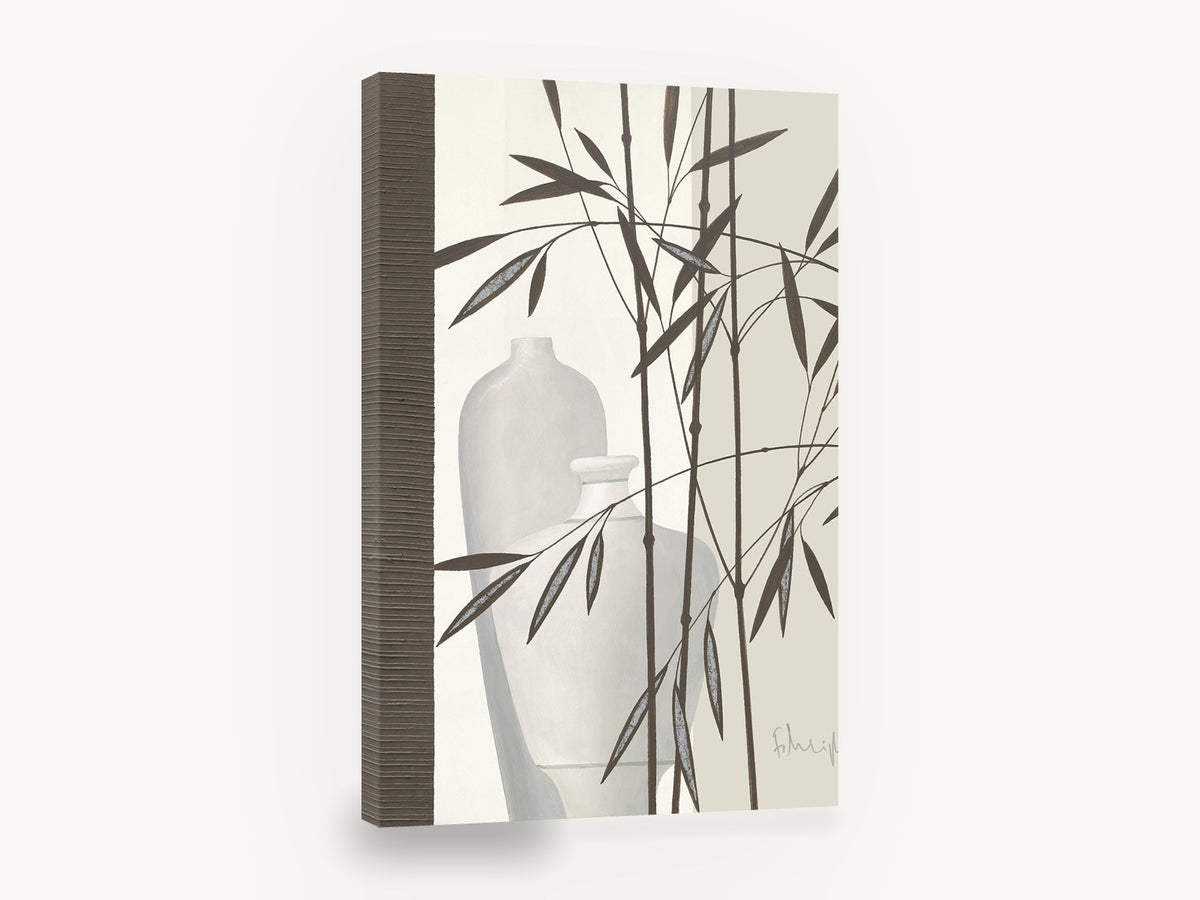 Bamboo and Pale Vases, bamboo stems and white vases painting, floral canvas wall art print ready to hang