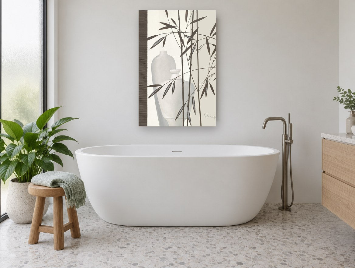 Bamboo and Pale Vases floral canvas print on the wall of a bathroom