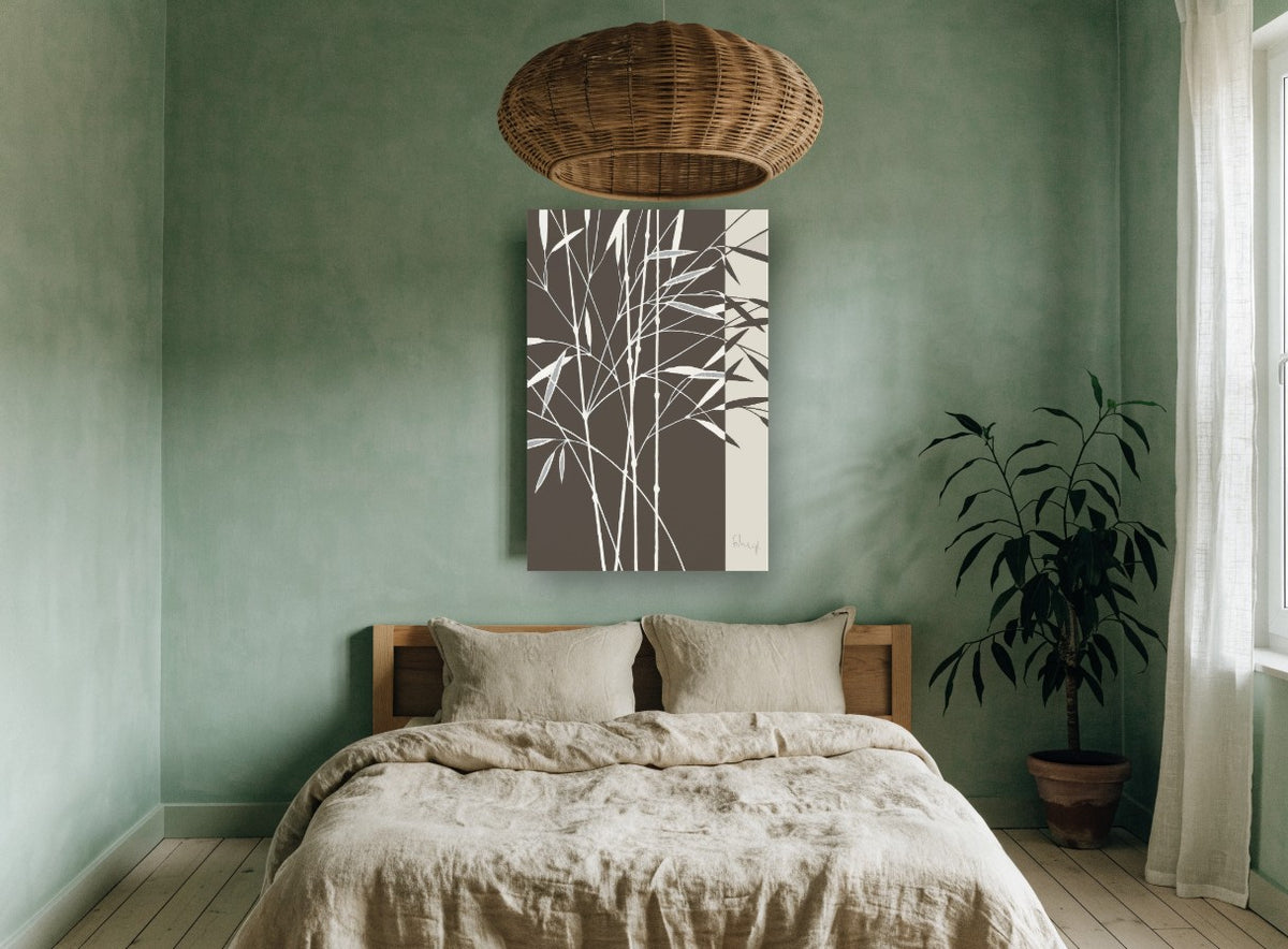 Bamboo on Umber floral canvas print on the wall of a bedroom