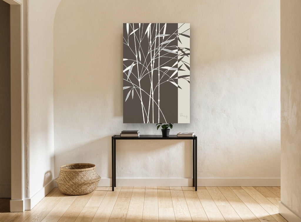 Bamboo on Umber floral canvas print on the wall of a hallway