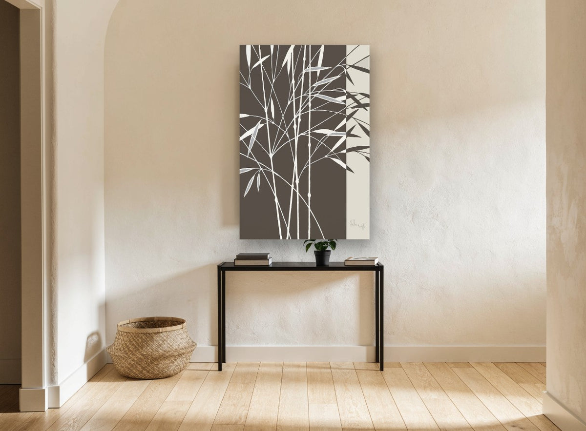 Bamboo on Umber floral canvas print on the wall of a hallway