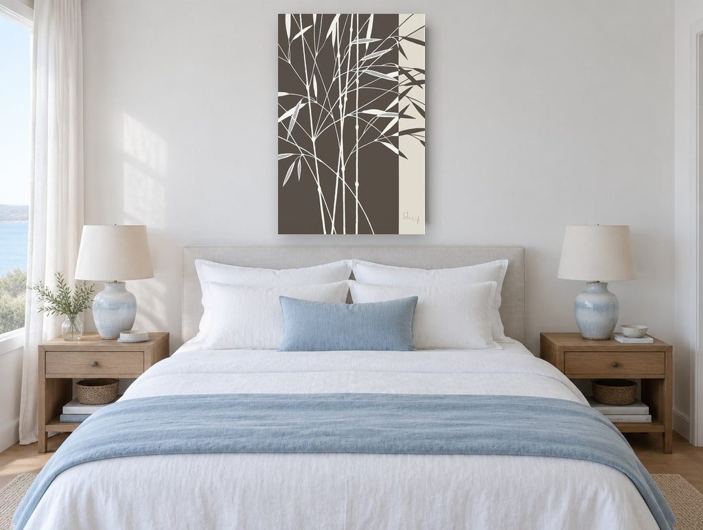Bamboo on Umber floral canvas print on the wall of a coastal bedroom