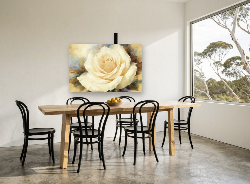 Cream Rose Bloom floral canvas print on the wall of a dining room